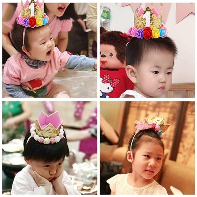 ipalmay Baby Princess Glitter Gold Crown  1st Birthday Party Hat Gold with Mix Rainbow Color Flowers - Image 5
